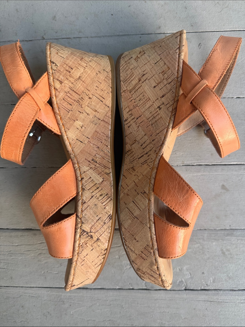 100% Leather Upper EUC Born Orange Leather Cork Wedge Sandals - Picture 4 of 6